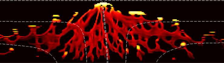 A simulation of porosity and mantle flow lines at a mid ocean ridge with a chemically heterogeneous mantle.