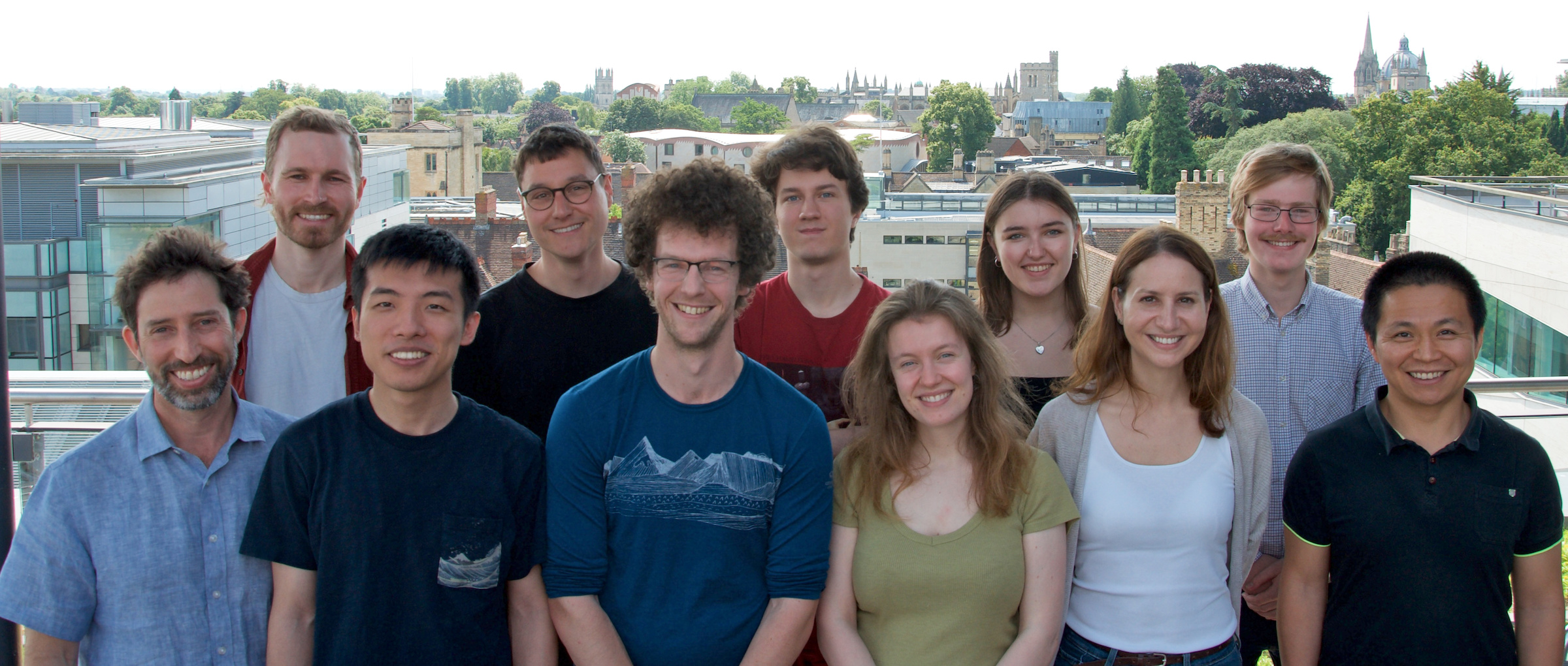 Members of the FoaLab stood on the balcony at of the Department of Earth Sciences with the Oxford skyline in the background 